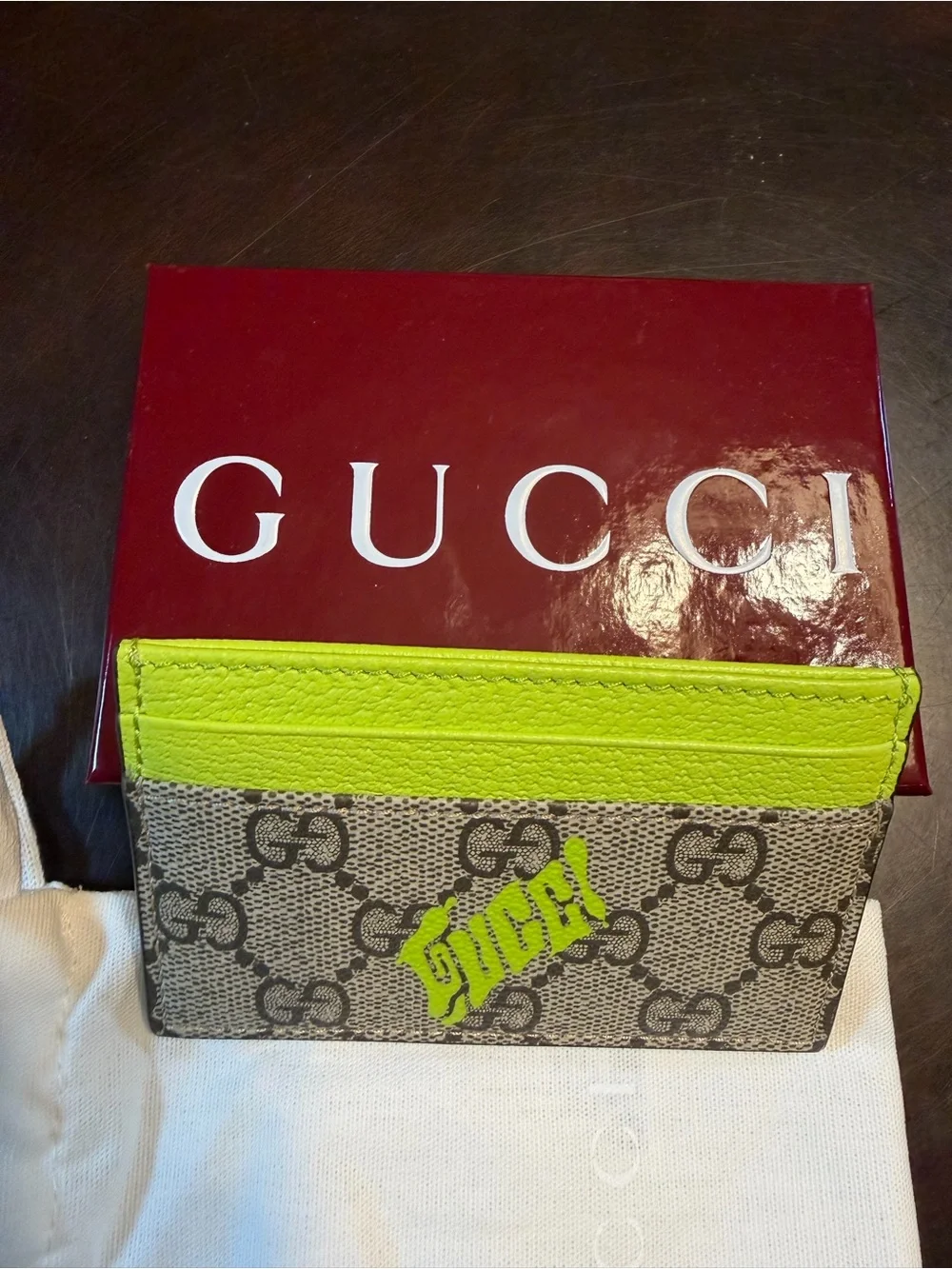 New Authentic Gucci GG Supreme Logo Card Case Walllet Brown Leather